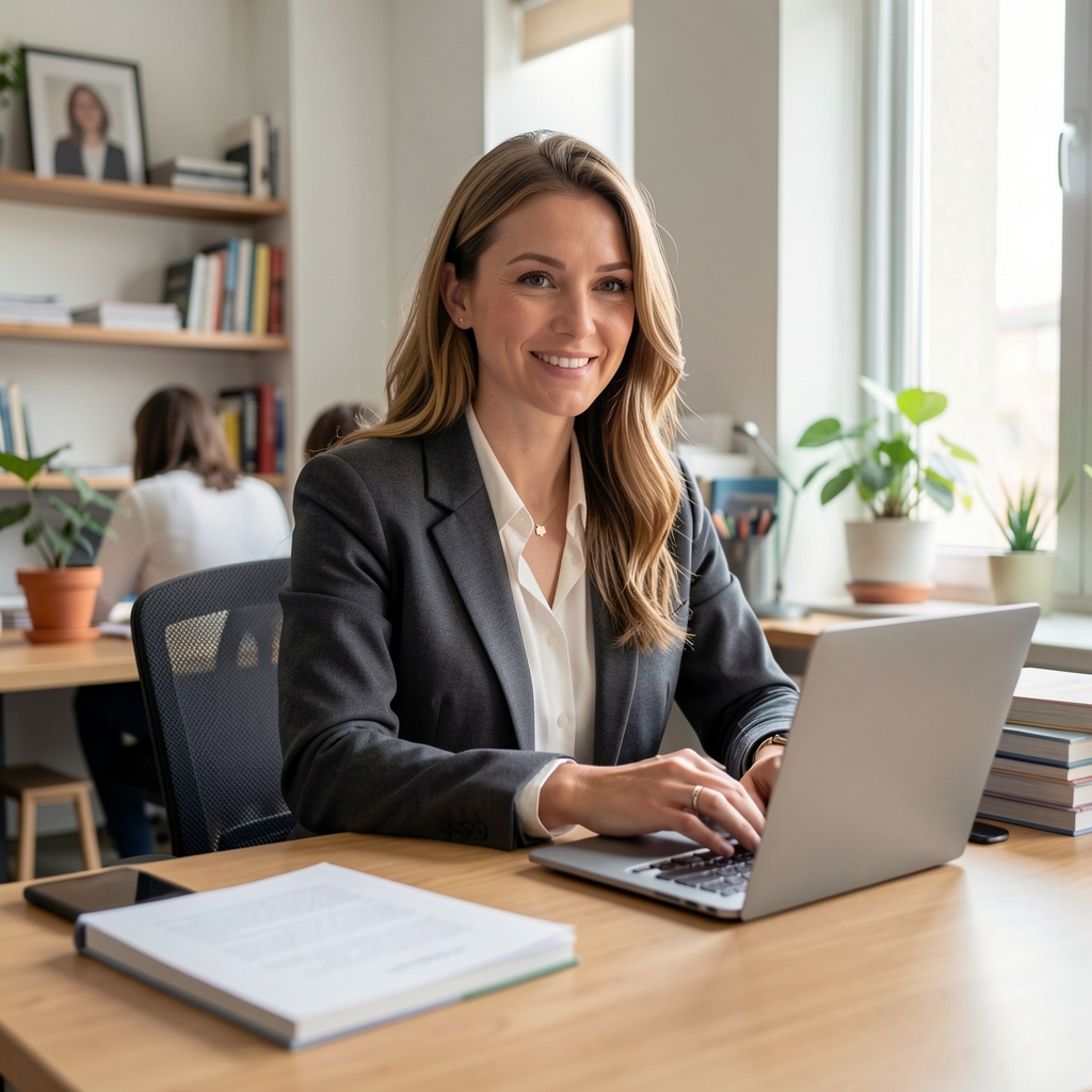 Beatrice Ashcroft, reviews editor at Farne Almanac, photographed at a desk in a naturally lit editorial office environment