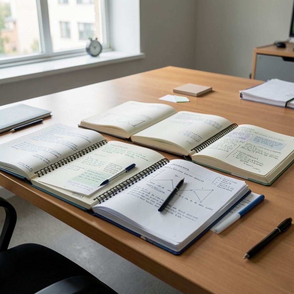 Open notebooks and annotated research articles arranged on a wide desk in natural light, suggesting careful editorial preparation and source review