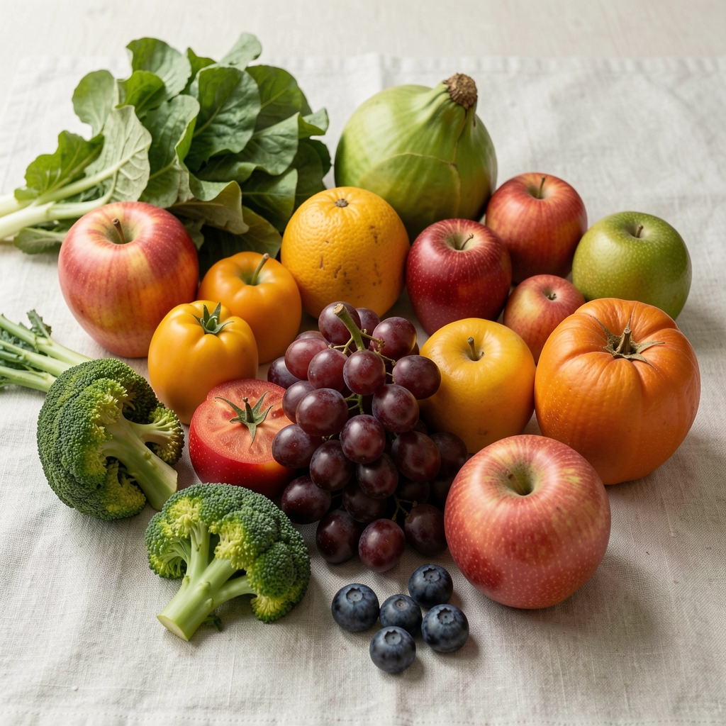Arranged seasonal fruit and vegetables on a pale linen cloth in quiet natural light, a composition suggesting considered daily choices