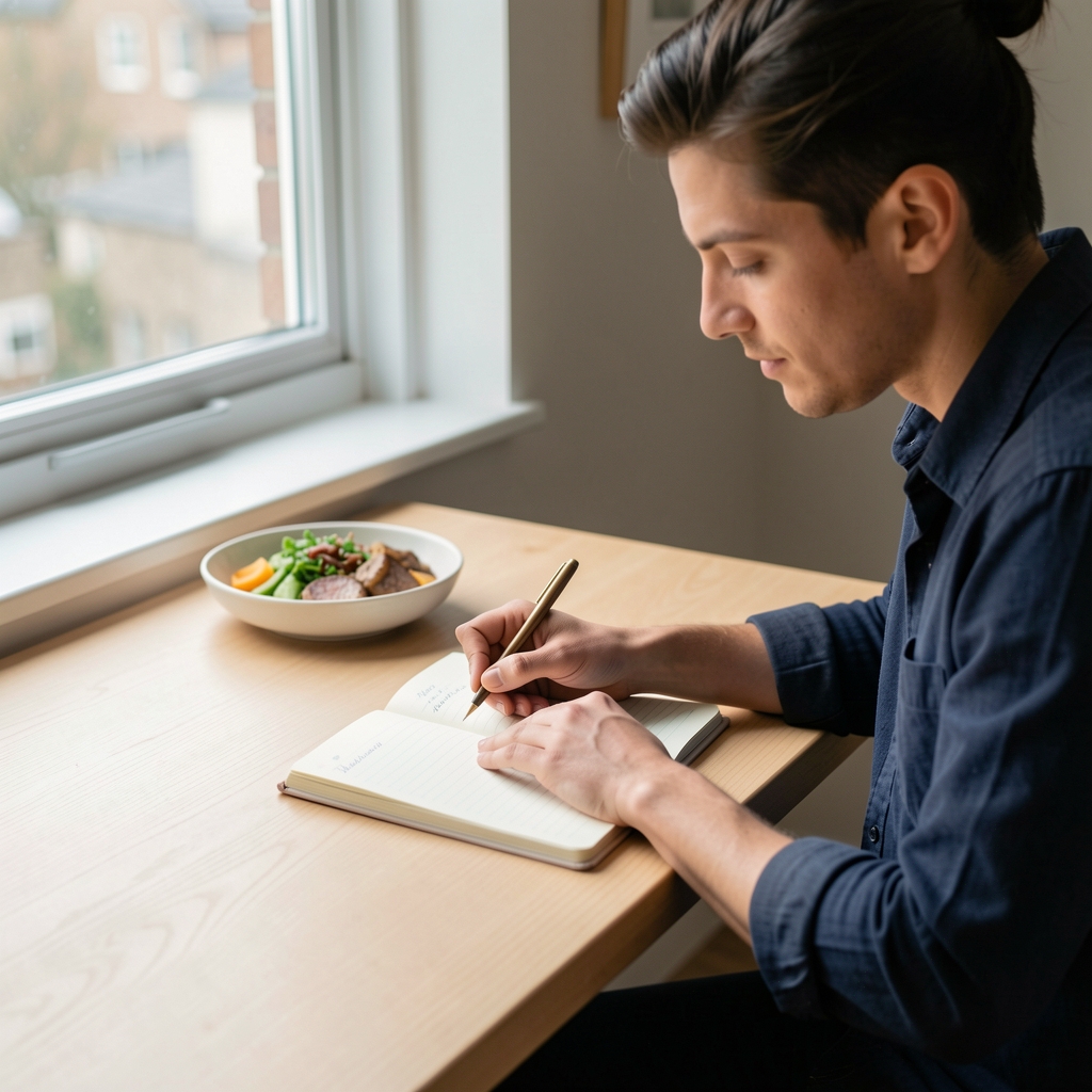 Person journalling at a light wooden table near a window, a simple meal in the background suggesting an attentive and unhurried approach to eating