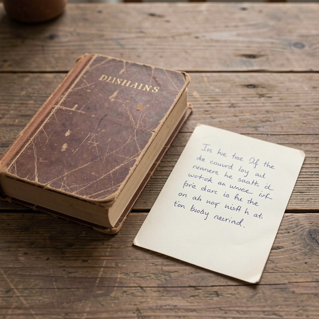 A worn paperback book resting on a wooden surface next to a handwritten note, evoking careful research and unhurried thought
