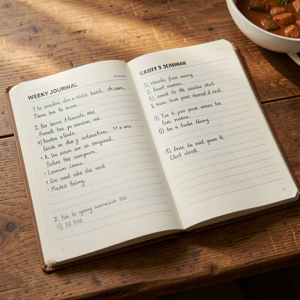 A weekly meal journal laid open on a table with handwritten notes, showing a gradual and unhurried planning approach rather than a rigid structured intake