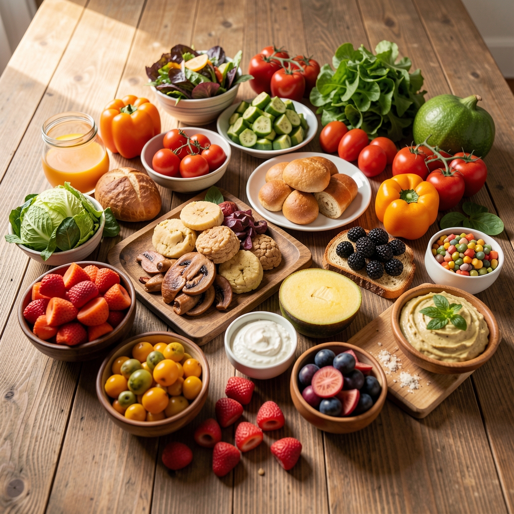 A varied and colourful selection of foods arranged on a wide wooden surface, photographed in natural light, suggesting abundance and accessibility rather than restriction or categorisation